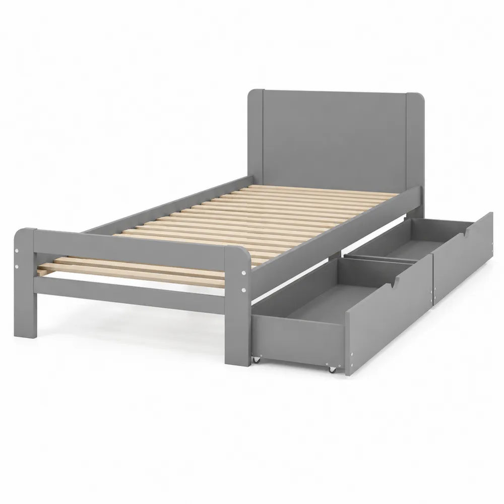 Cama individual de madera gris con almacenamiento