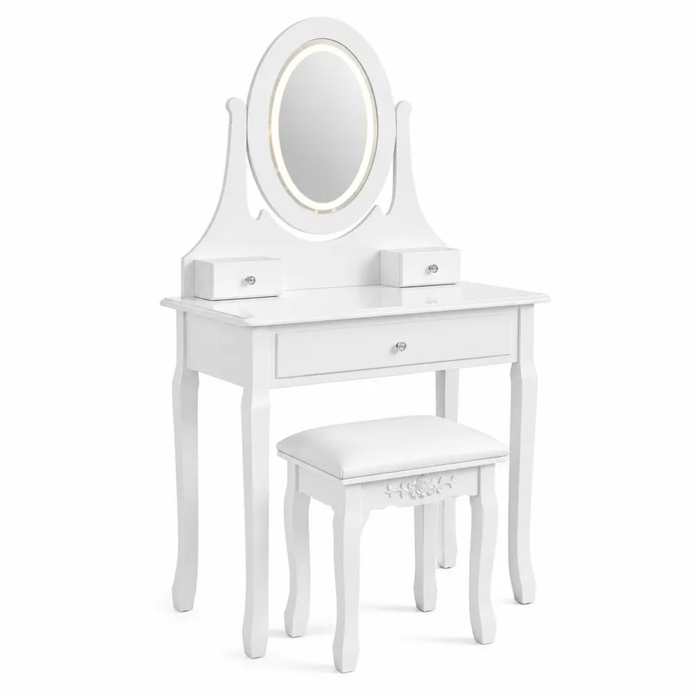 Tocador de Madera Blanco con Espejo LED y Taburete